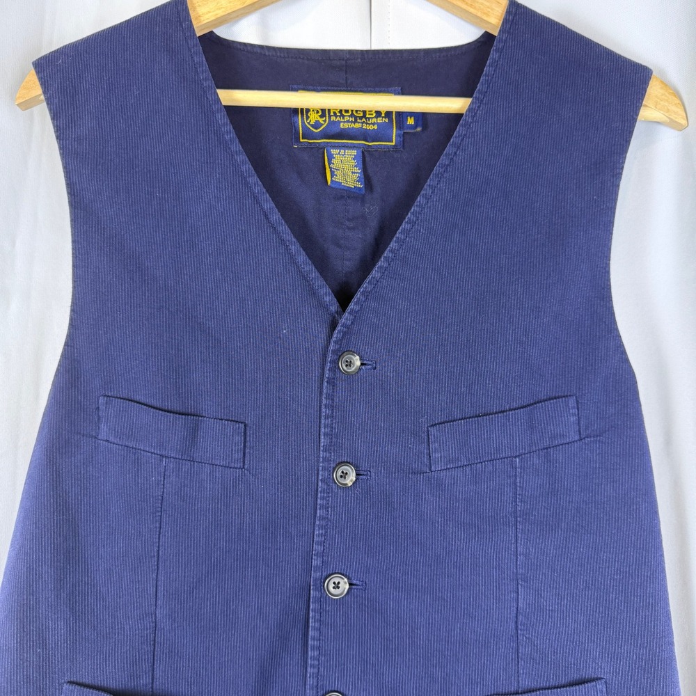 Rugby Ralph Lauren Mens Navy Blue Corduroy Waistcoat Vest Size M Pockets Cinch
